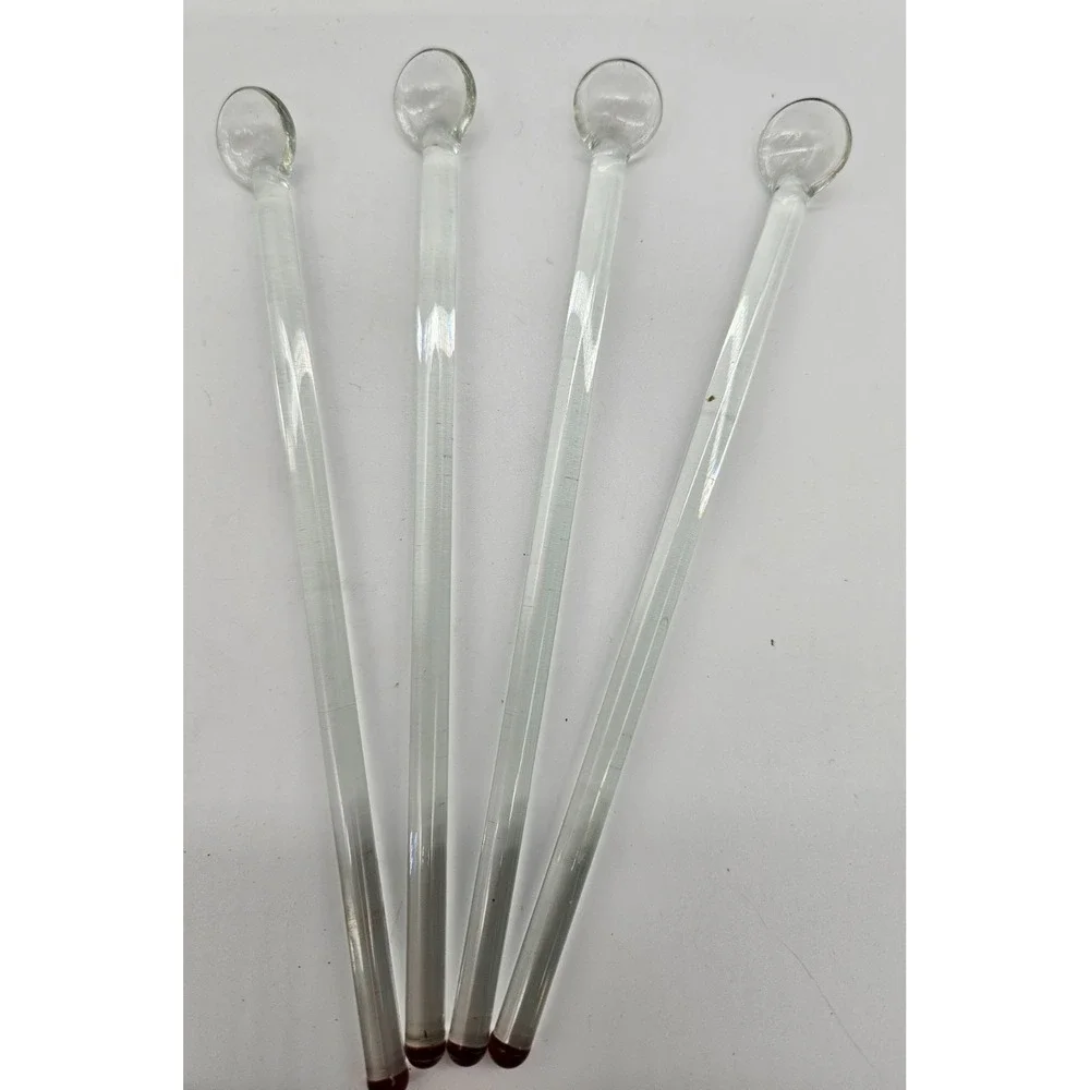 VINTAGE Set of 8 Clear Glass Stirrers with Round‎ RED Ends Cocktail Drink Mixers